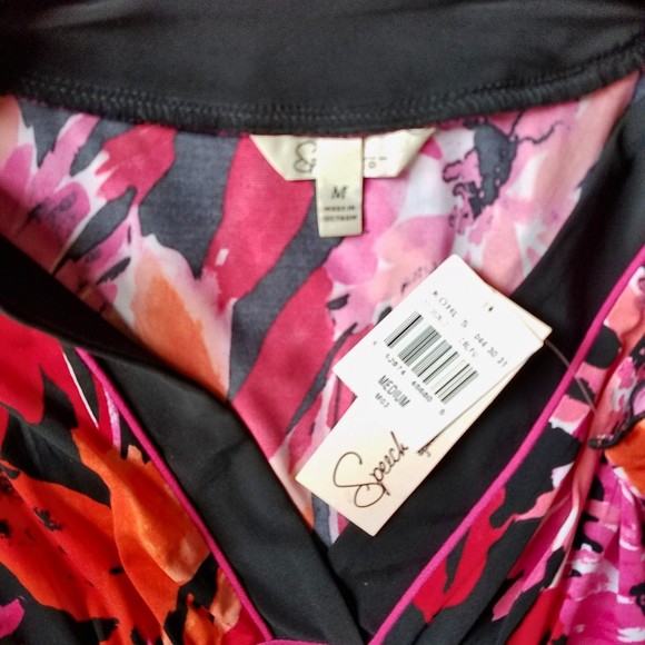 Speechless Pink Orange Black Floral V-Neck Tie Dress Size M - Picture 3 of 4